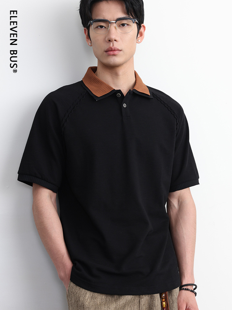 Old Money Style Color-Blocked Lapel Men's Short-Sleeve T-Shirt, Faux Two-Piece, Trendy Retro Fashion Brand, Casual Loose Top for Men, Summer