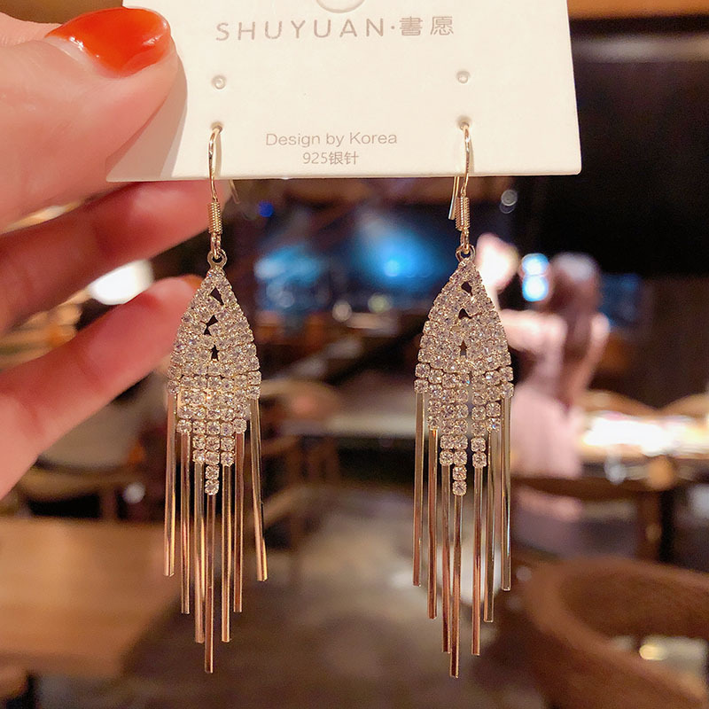 Luxurious Geometric Tassel Earrings for Women, Long Ear Hooks, Korean Dongdaemun Full Diamond Internet Celebrity Earrings, Pendant Jewelry