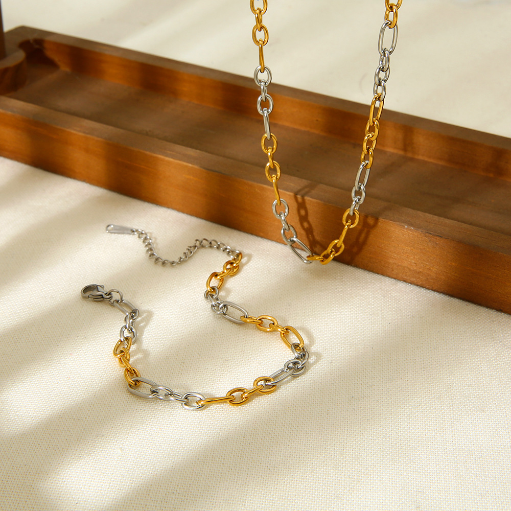 Cross-Border Ins Stainless Steel 18K Plated Two-Tone Cross Chain Versatile Non-Fading Color-Blocking Bracelet and Necklace Set Jewelry for Women