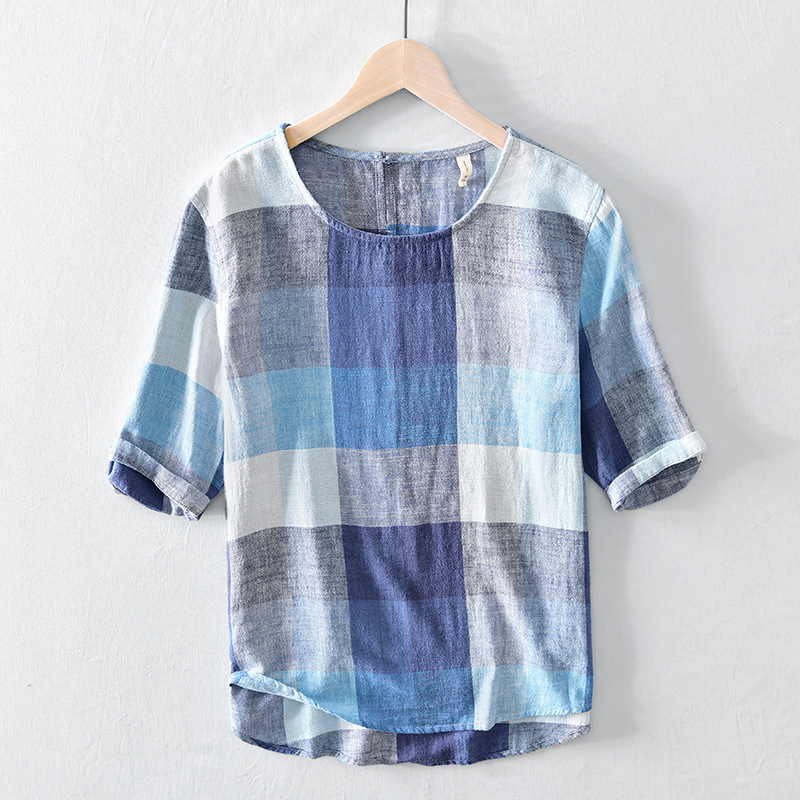 732 breathable color matching art Plaid all-match shirt men's loose retro long sleeve plaid T-shirt men's one-piece delivery