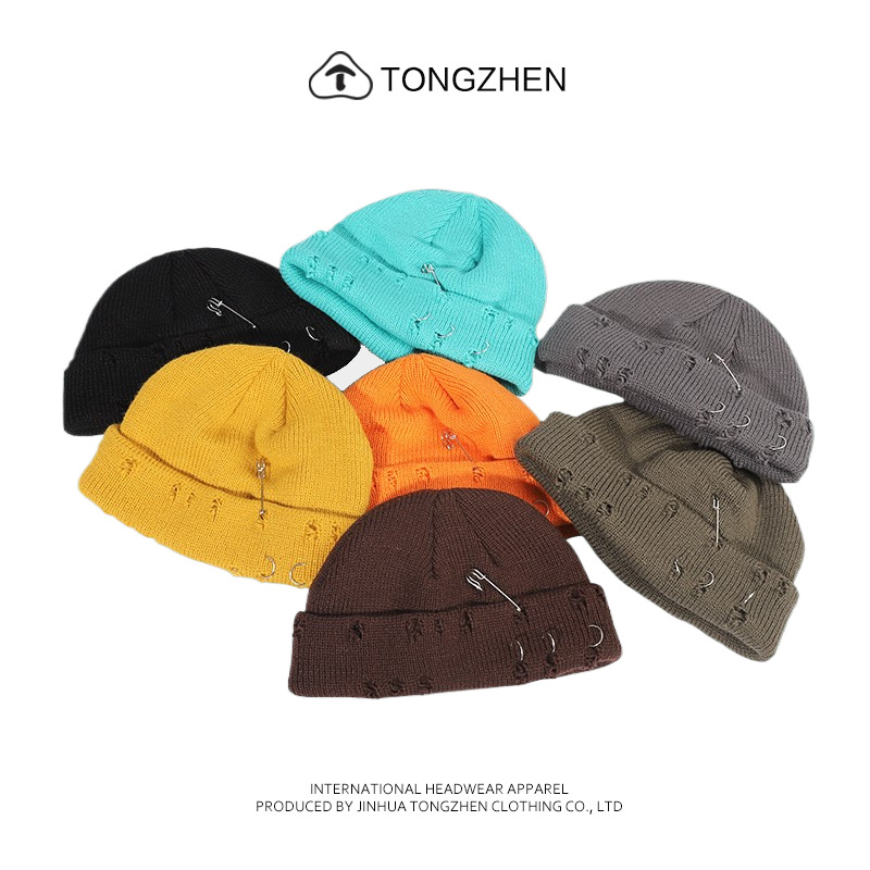 Hat Women's Autumn and Winter Korean Style Ins Ring Pin Hip-Hop Couple's Wool Ripped Hat Men's and Women's Knitted Hat