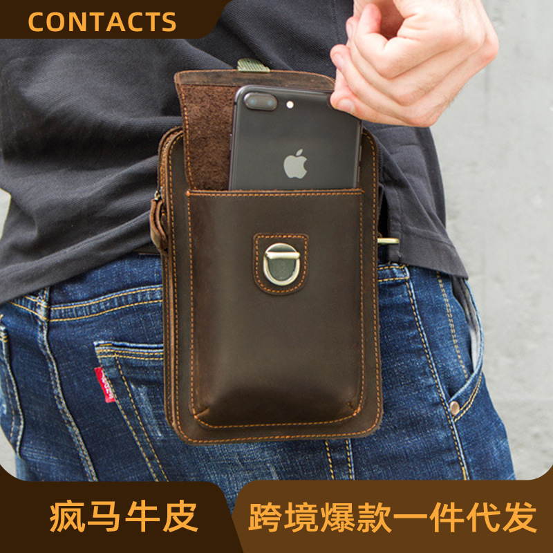 Black Angel foreign trade supply cowhide men's shoulder crossbody bag retro Crazy Horse leather mobile phone waist bag cross-border delivery