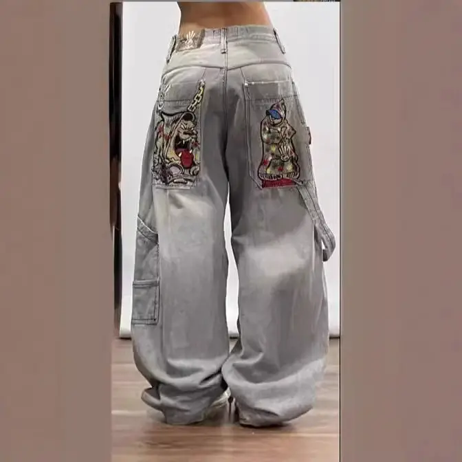 Cross-border E-commerce Y2K Gothic Style Jeans Men's American High Street Stylish Pattern Loose Straight Wide Leg Jeans