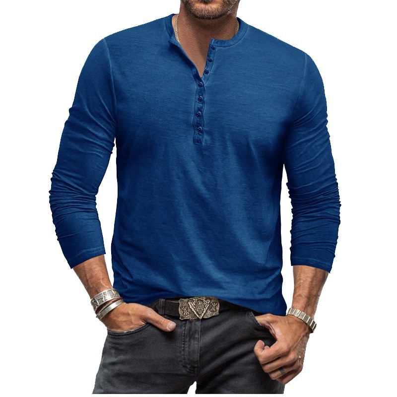 Amazon Men's Tie-Dye Henry Slim Retro Long-Sleeved T-Shirt Export Button Washed Distressed V Neck T-Shirt for Men
