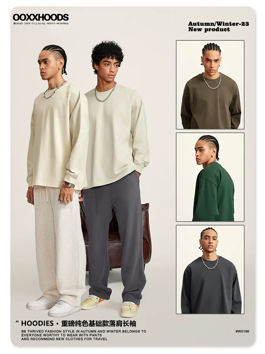 425g Heavyweight High Weight Solid Color Loose Long t Dropped Shoulder Sleeves High Street Bottoming Shirt Fog Style Pure Cotton Monochrome T-Shirt