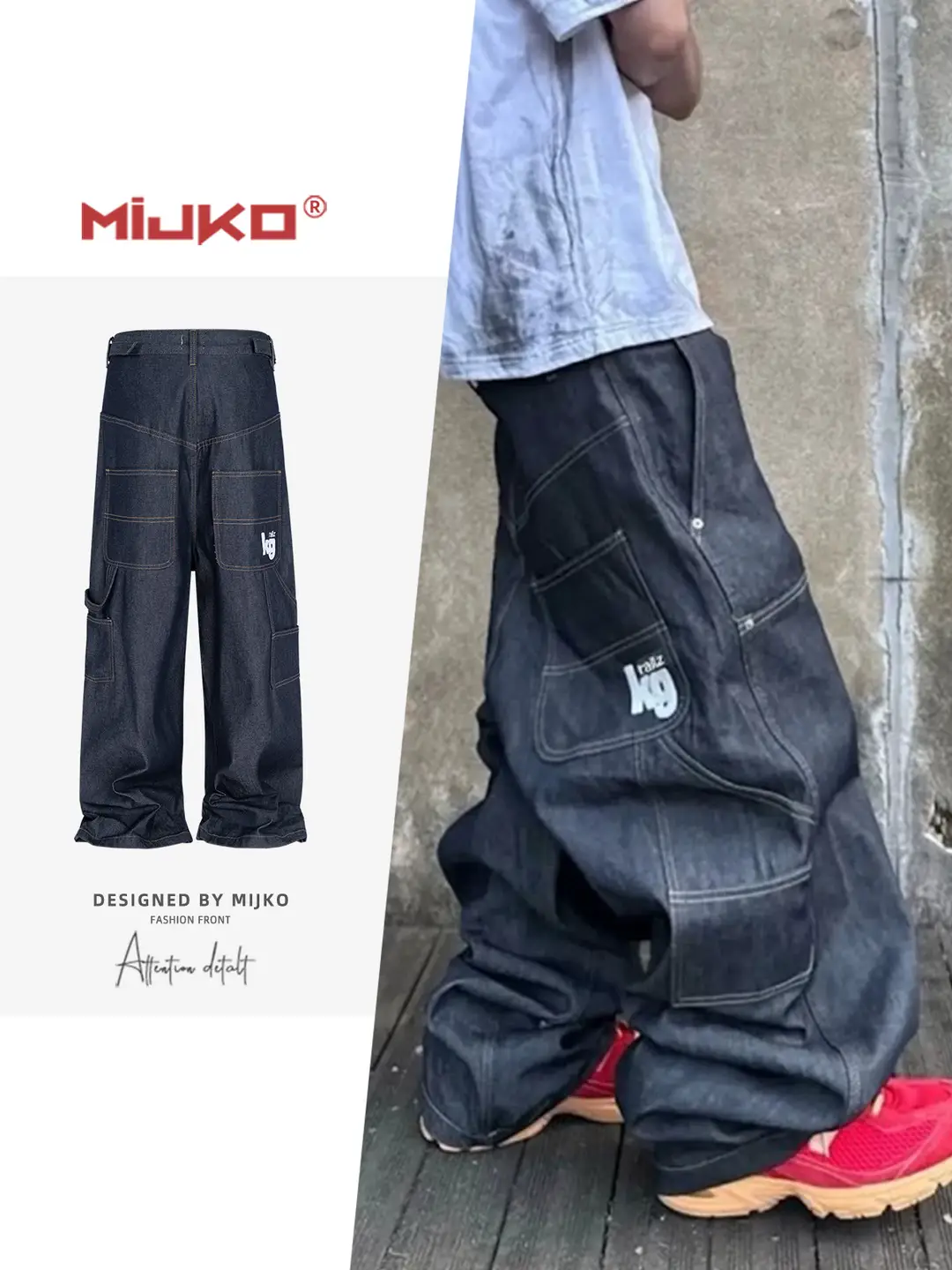 Mijko Men's and Women's Silhouette Workwear Multi-Pocket Embroidered Raw Denim Unisex Straight Blue Jeans Pants