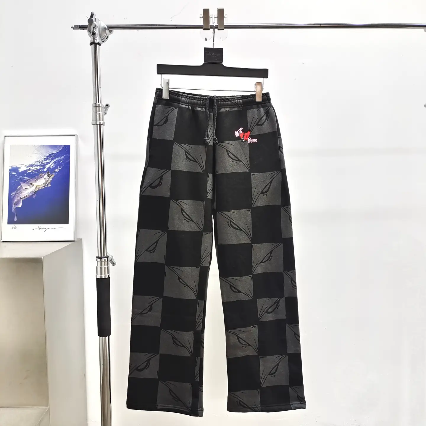 Matty Boy Anti Promo Sweatpant Black and Gray Plaid Heart Straight-Leg Sweatpants