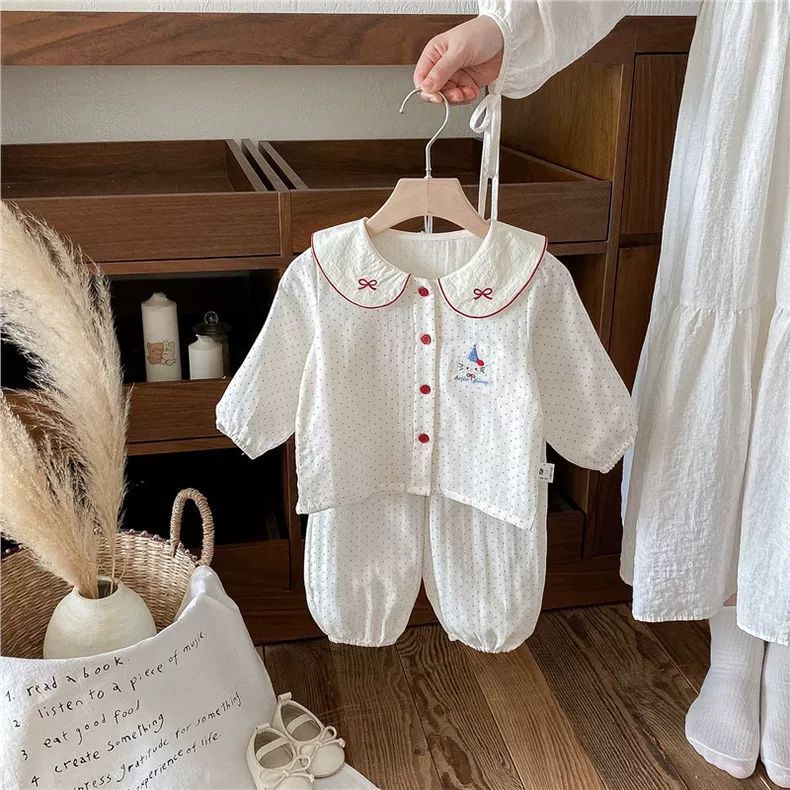 Spring and Autumn Girls' Home Wear Two-Piece Set, Stylish Children's Trendy Brand Doll Collar Polka Dot Cartoon Pajamas