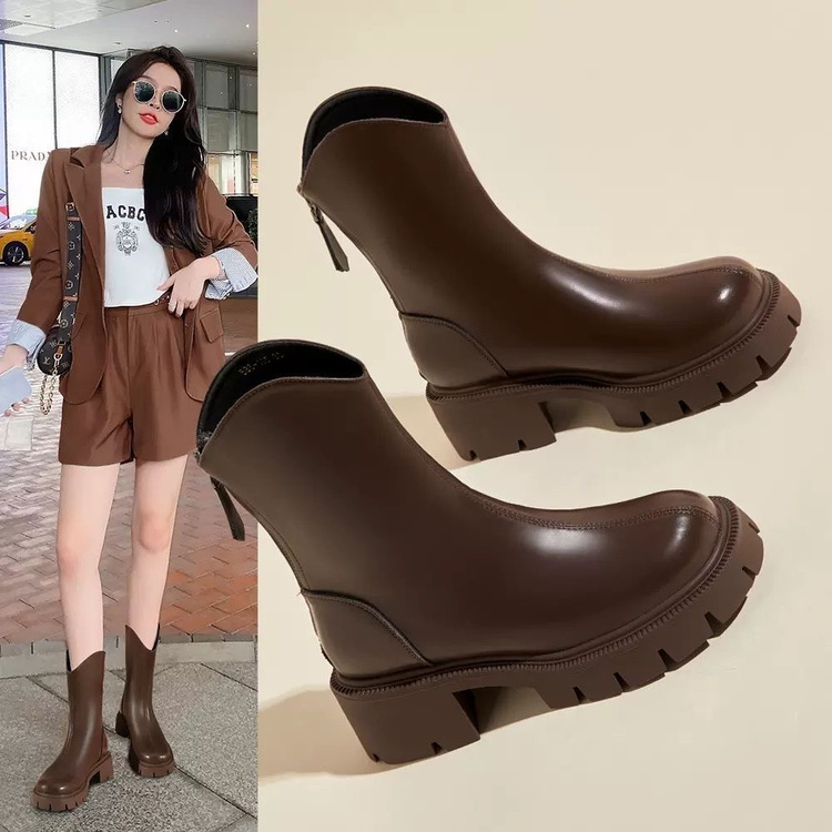 Soft Leather Martin Boots for Women, British Style Slim Boots, 2026 New Model, Thick-Soled Mid-Calf Boots, Chunky Heel V-Cut Slimming Short Boots for Women