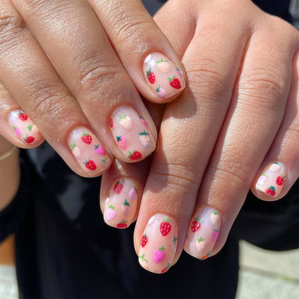 Short Contrast Strawberry Square Armor Fresh Nude Sweet Strawberry Glister Wear Armor 24 Press Fake Nails