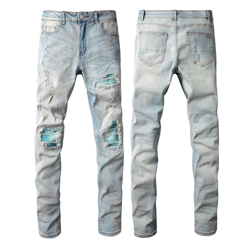 Cross-Border European and American Men's Jeans, American-Style Ripped Vintage Stretch Slim-Fit Casual High-Street Men's Pants 645