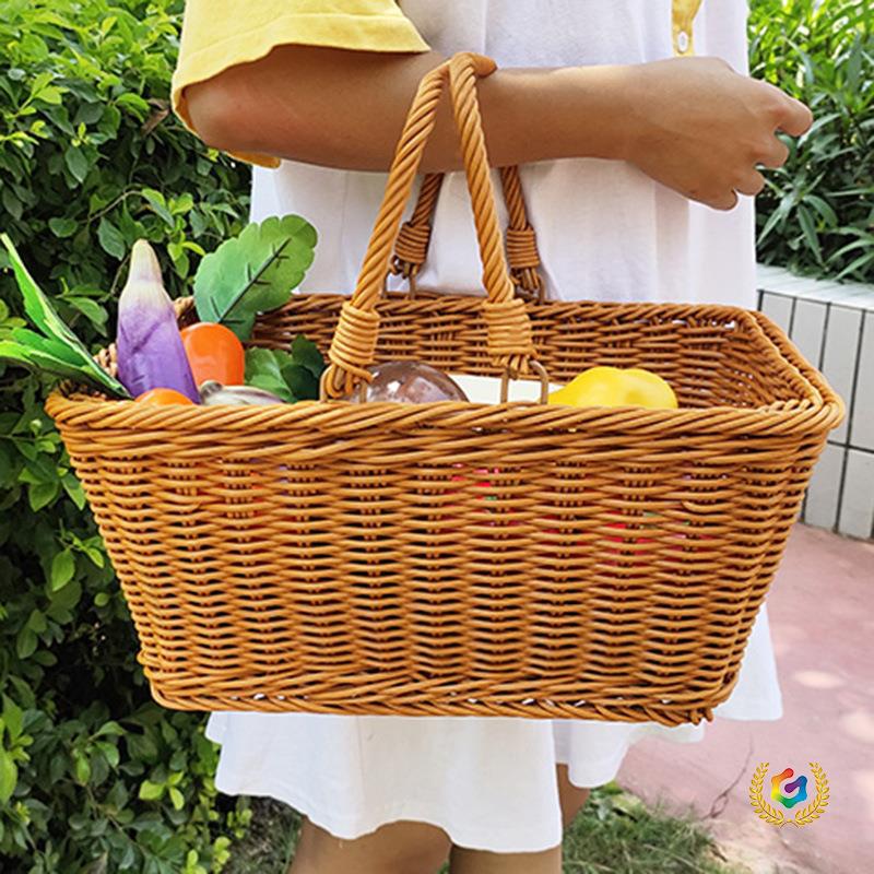 ☽ Picnic Basket, Rattan Shopping Basket, Outdoor Tote Basket, Imitation Rattan Storage Basket, Country-Style Picking Basket