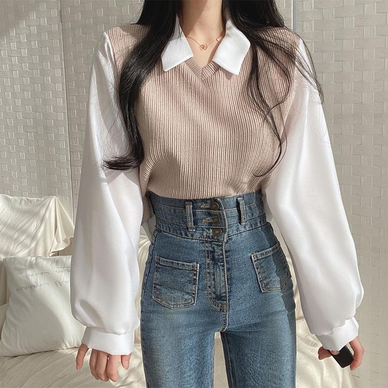 2025 Large Size Fat mm Fake Two-Piece T-Shirt Women's Spliced Polo Collar Long-Sleeved Sweatshirt Threaded Loose Versatile Top