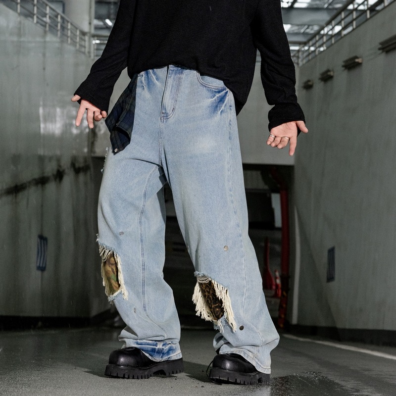 Customized Hip-Hop Straight-Leg Pants for Men and Women, American High Street Style, Ripped and Patched, Interchangeable Loose Wide-Leg Jeans