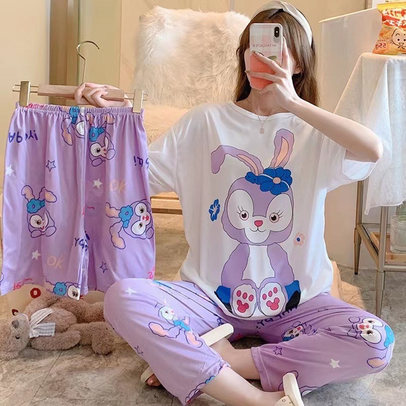 Three-Piece Set of New Pajamas for Women, Summer Set, Short-Sleeved Shorts, Long Pants, Plus Size, Cute Cartoon Home Clothes