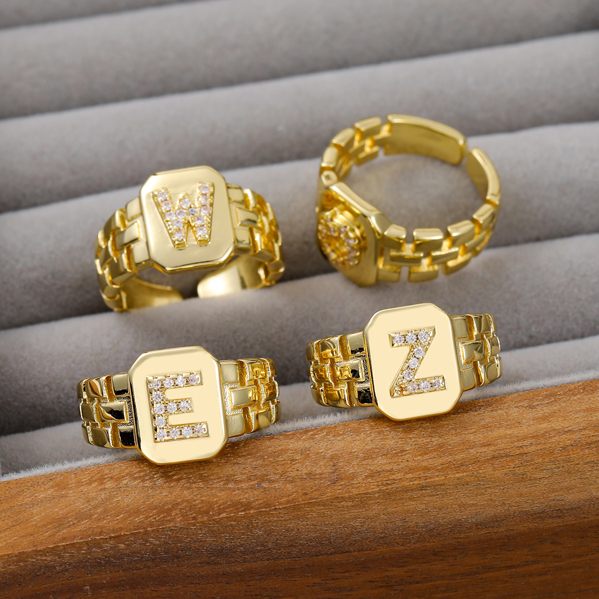 Cross-Border European and American Hot-Selling Ring Letter Series Real Gold-Plated Jewelry Watch Strap Design Letter Open Ring