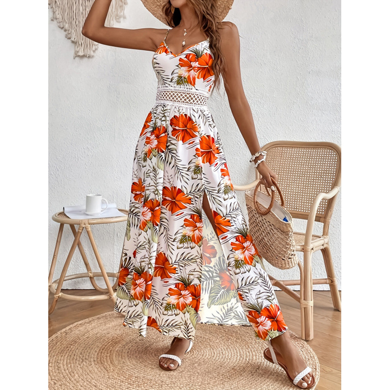 Real Shot of European and American Foreign Trade Cross-Border Alibaba Aliexpress Independent Site Printed Halter Neck Cutout Slit Long Dress