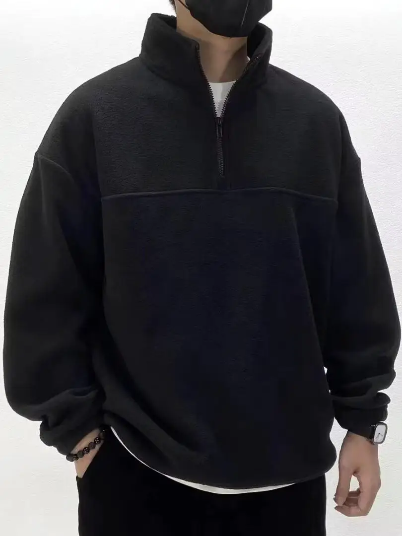 American Heavy weight Polar Fleece Outwear Men's Autumn and Winter Fleece-lined thickened Half Zipper Sweatshirt Heattech Stand Collar jacket Men and Women