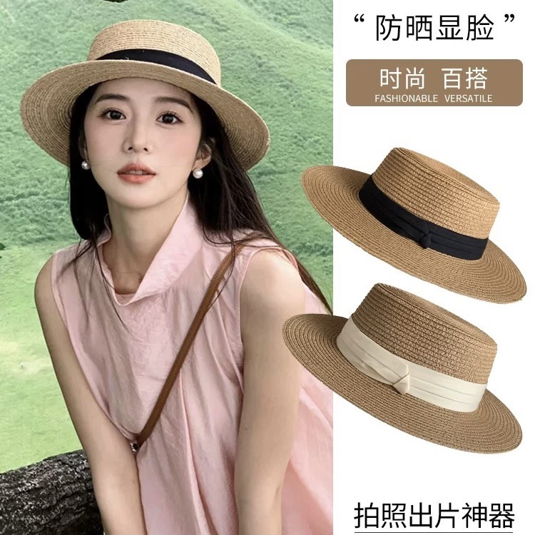 Summer Seaside French-Style Flat-Top Straw Hat for Women with Large Head Circumference, Outdoor Beach Hat, New Woven Sun Protection Sun Hat