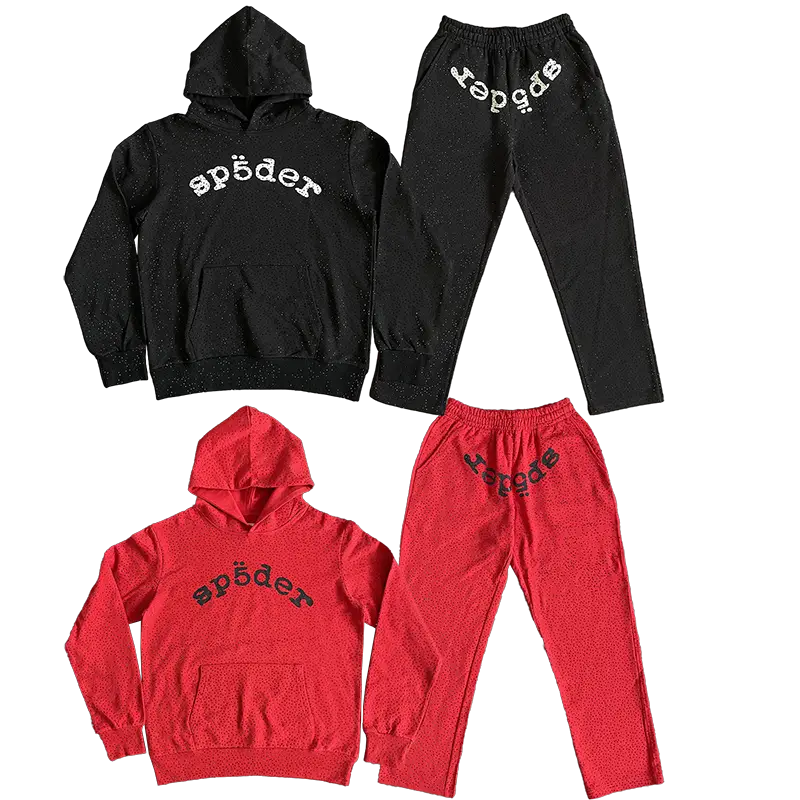 Sp5Der Worldwide555555 Spider Hoodie Full Rhinestone Spider Sweatshirt and Pants Set