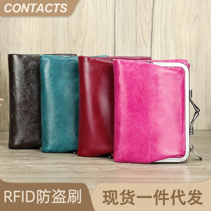 Black Angel RFID Anti-theft Brush Top Layer Cowhide Women's Wallet Fashionable Iron Clip Genuine Leather Women's Coin Purse