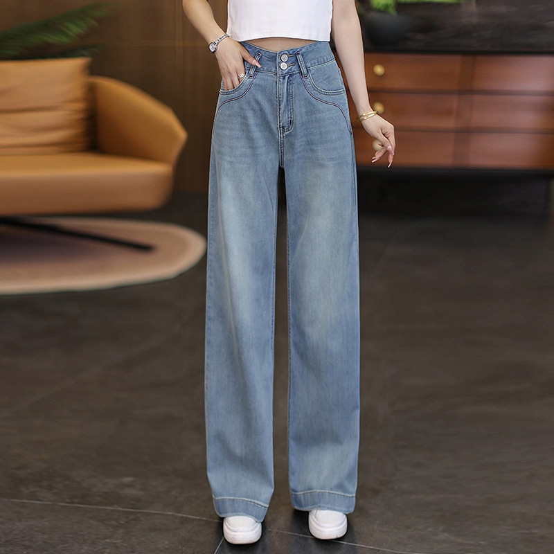 Fashionable Versatile High-Waisted Denim Wide-Leg Pants for Women, 2026 Summer New Style, Slimming, Drapey, Figure-Flattering, Casual Straight-Leg Pants
