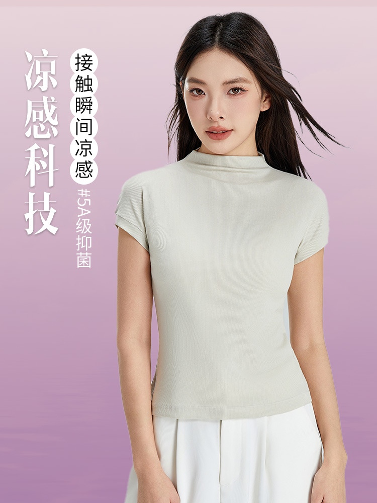 [Cool Contact] Summer Combed Cotton Elegant Mid-Collar Short-Sleeved Women's Slim and Versatile Half-Sleeved High-Elastic Bottoming T-Shirt