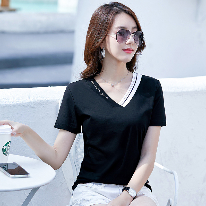 Clearance Summer T-Shirt 80S Mercerized Cotton Ribbed V-Neck Solid Color T-Shirt Embroidered Korean Style Women's Fitted Top 6715
