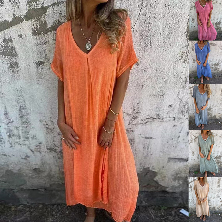 2026 New Amazon Independent Site European and American Cross-Border Fashion Cotton and Linen V-Neck Semi-Formal Dress