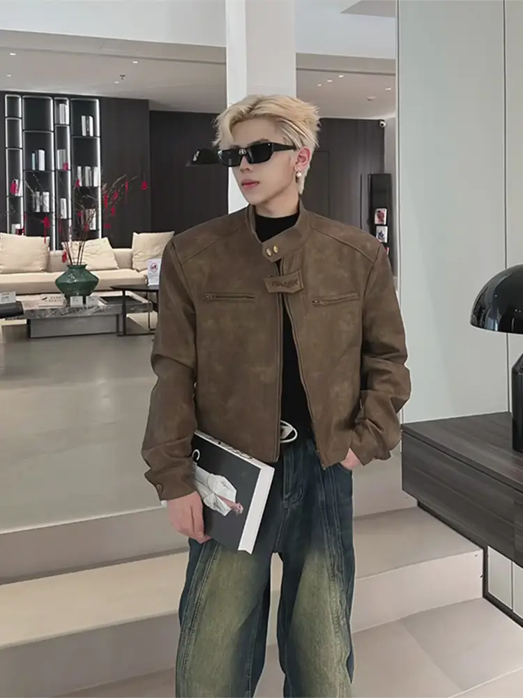 Brown Short Leather Jacket for Men, Spring and Autumn Style, Trendy American Retro Shoulder-Padded Jacket, High-End Cool Biker Jacket