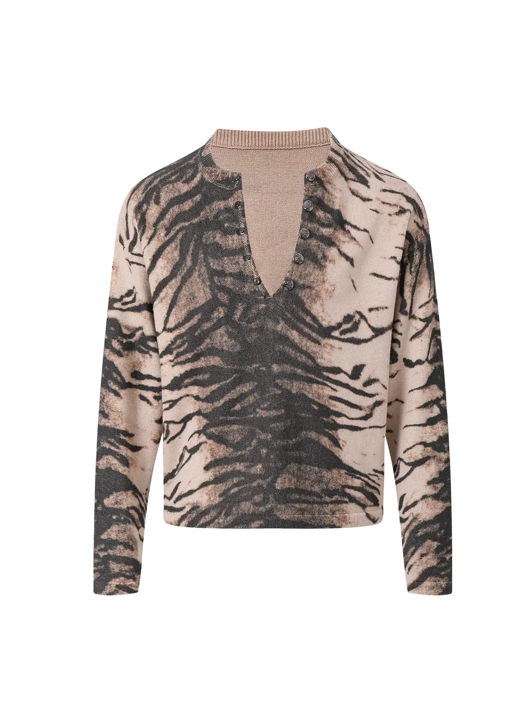 Zebra Leopard Print Color 2000S Nightlab Retro Striped Short Loose Henley Collar Sweater