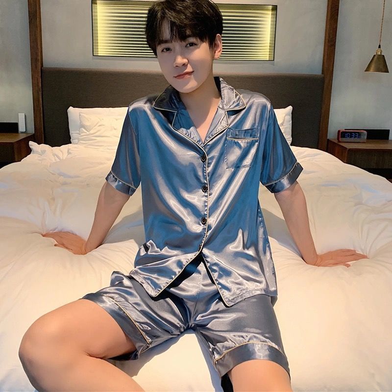 Pajamas Men's Summer Short-sleeved Shorts Ice Silk Thin Korean Style Cartoon Men's Silk Home Clothes Two-piece Suit plus size