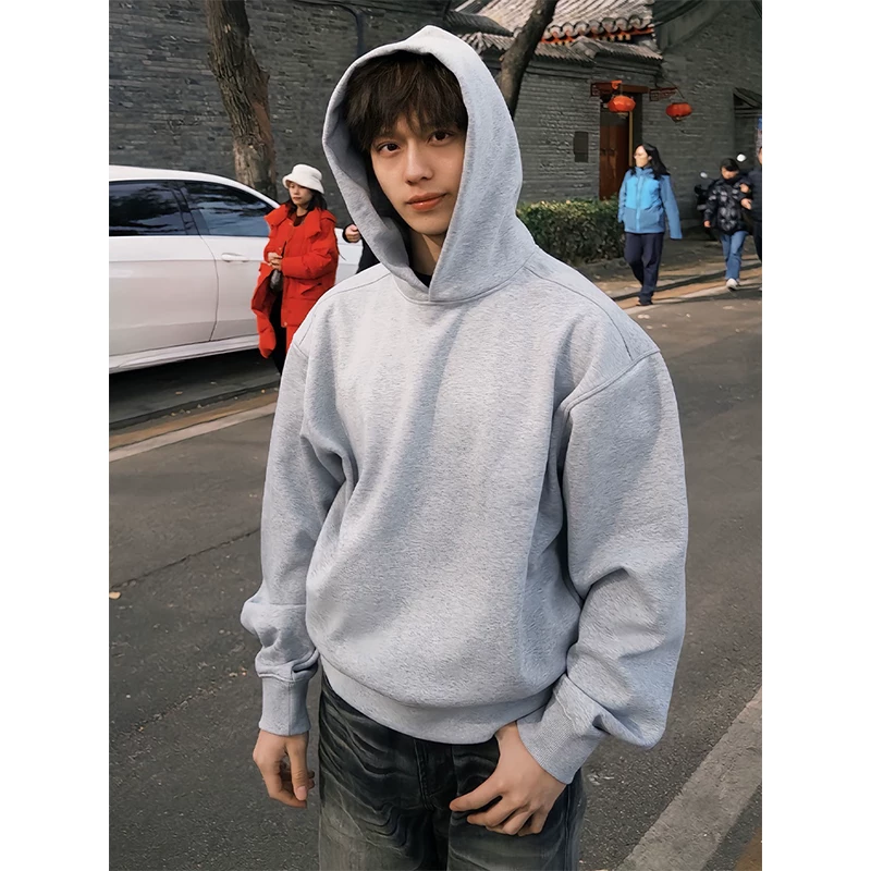 Grey pocket less hooded sweatshirt for men, autumn and winter with fleece lining, pullover and base layer, heavyweight layered outerwear
