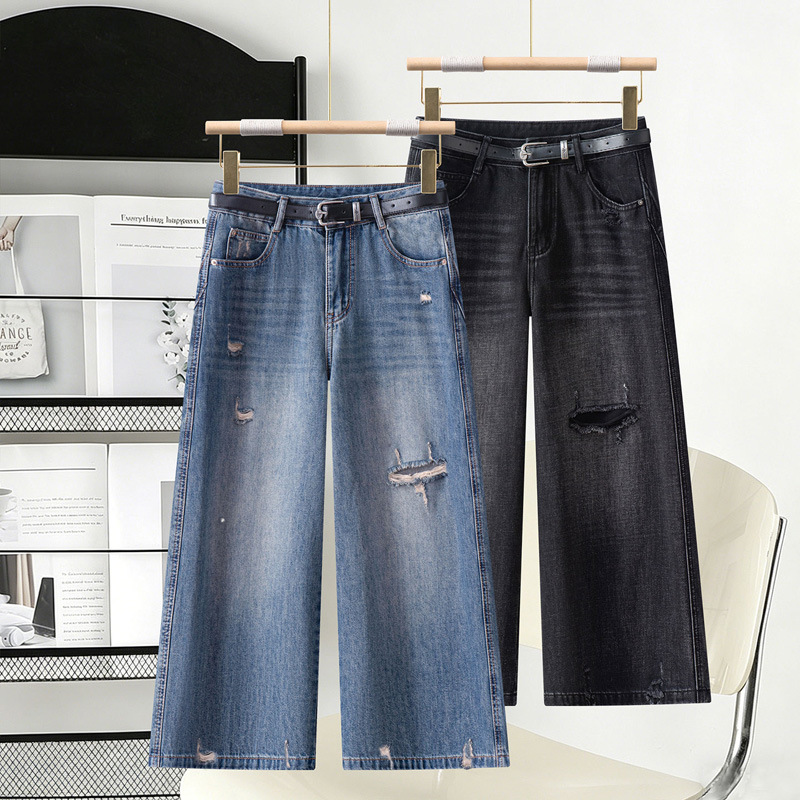 High-Waisted Ripped Straight-Leg Jeans for Women, 2026 Summer New Style, Loose Fit, Slimming, Fashionable, Versatile, Drapey Cropped Pants