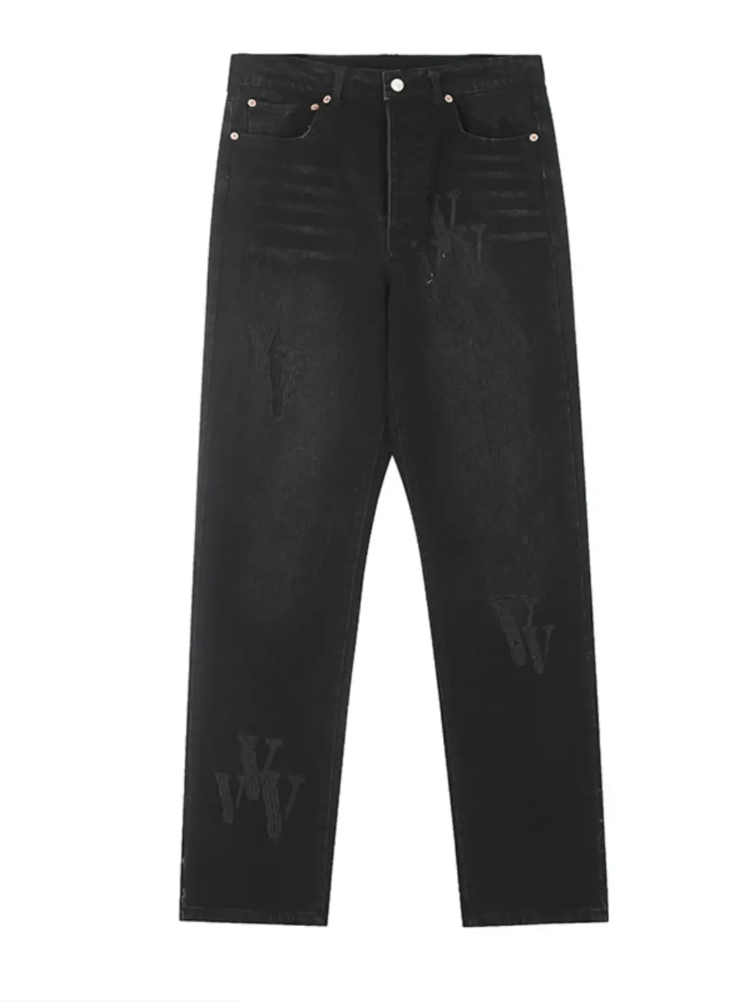 Vlone Fog Patchwork Logo Embroidery Gradient Washed Distressed Straight-Leg Jeans Unisex Couple High Street