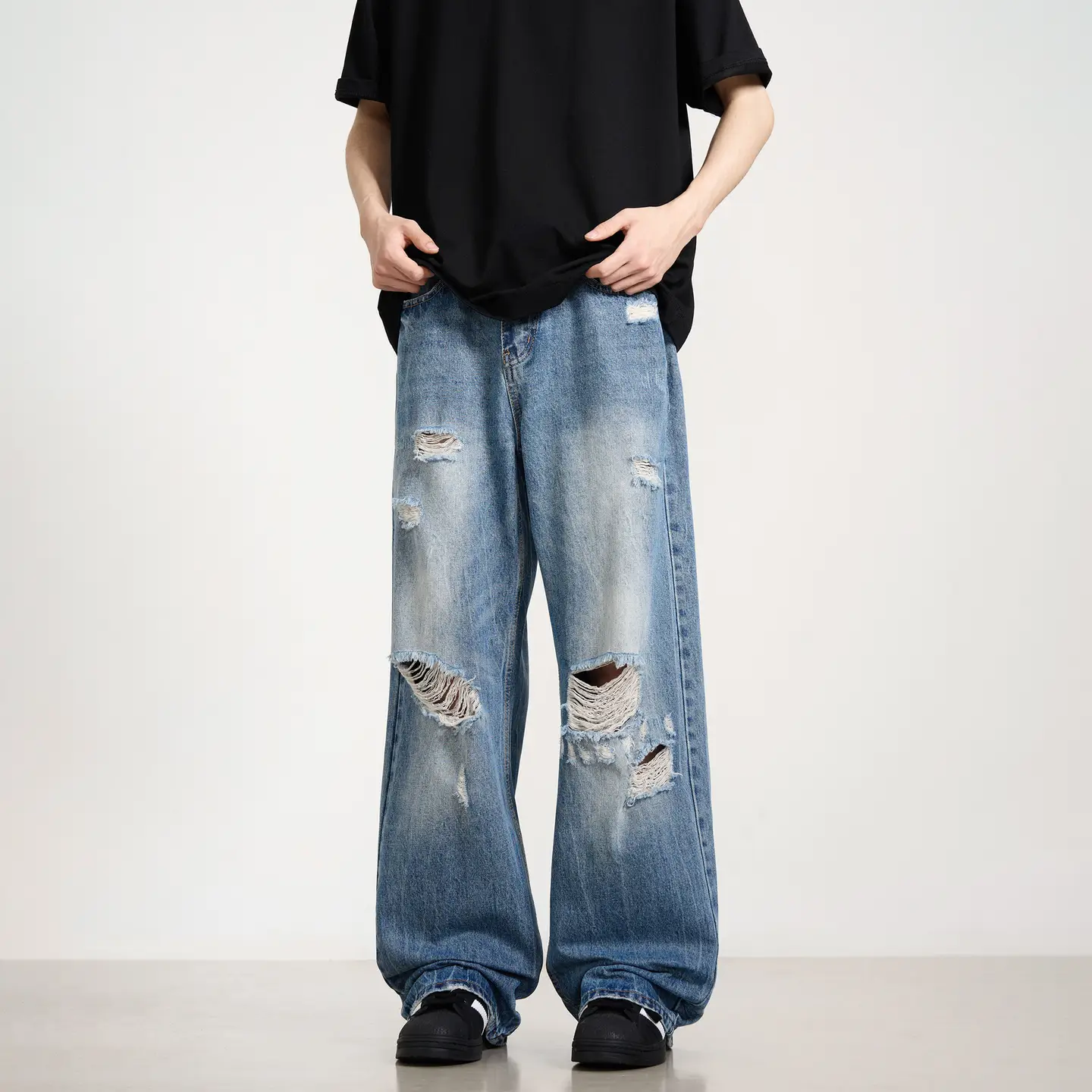 Handsome High Street American Style Breaking Ripped Washed Blue Jeans Men's and Women's Dipped Casual Loose Straight Trendy Pants