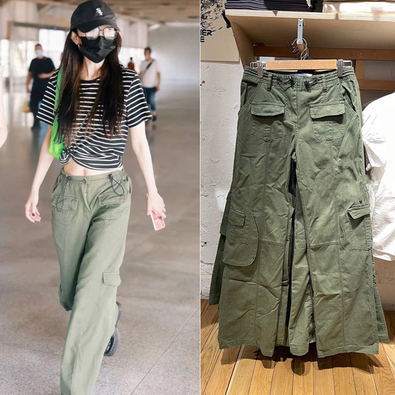 BM style brandy same style Yang Mi same style American style hiphop multi-pocket bm overalls high waist straight leg casual pants