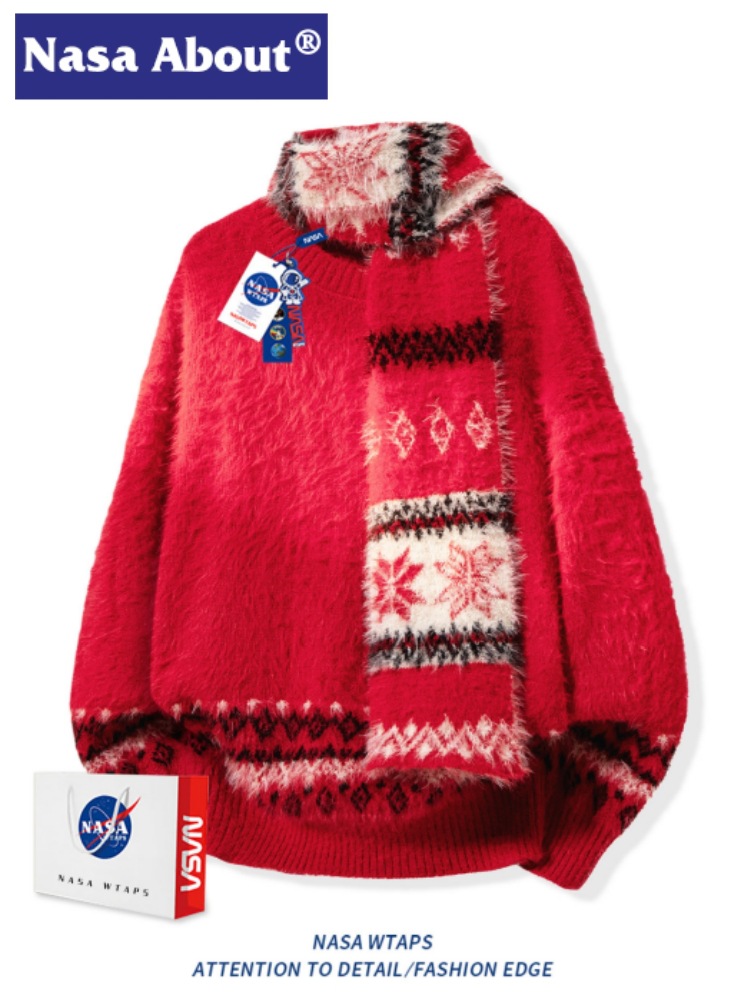 Nasa about Fair Isle Style Red Jacquard Sweater for Men, Autumn and Winter Vintage Patchwork Trendy Brand Knitted Sweater