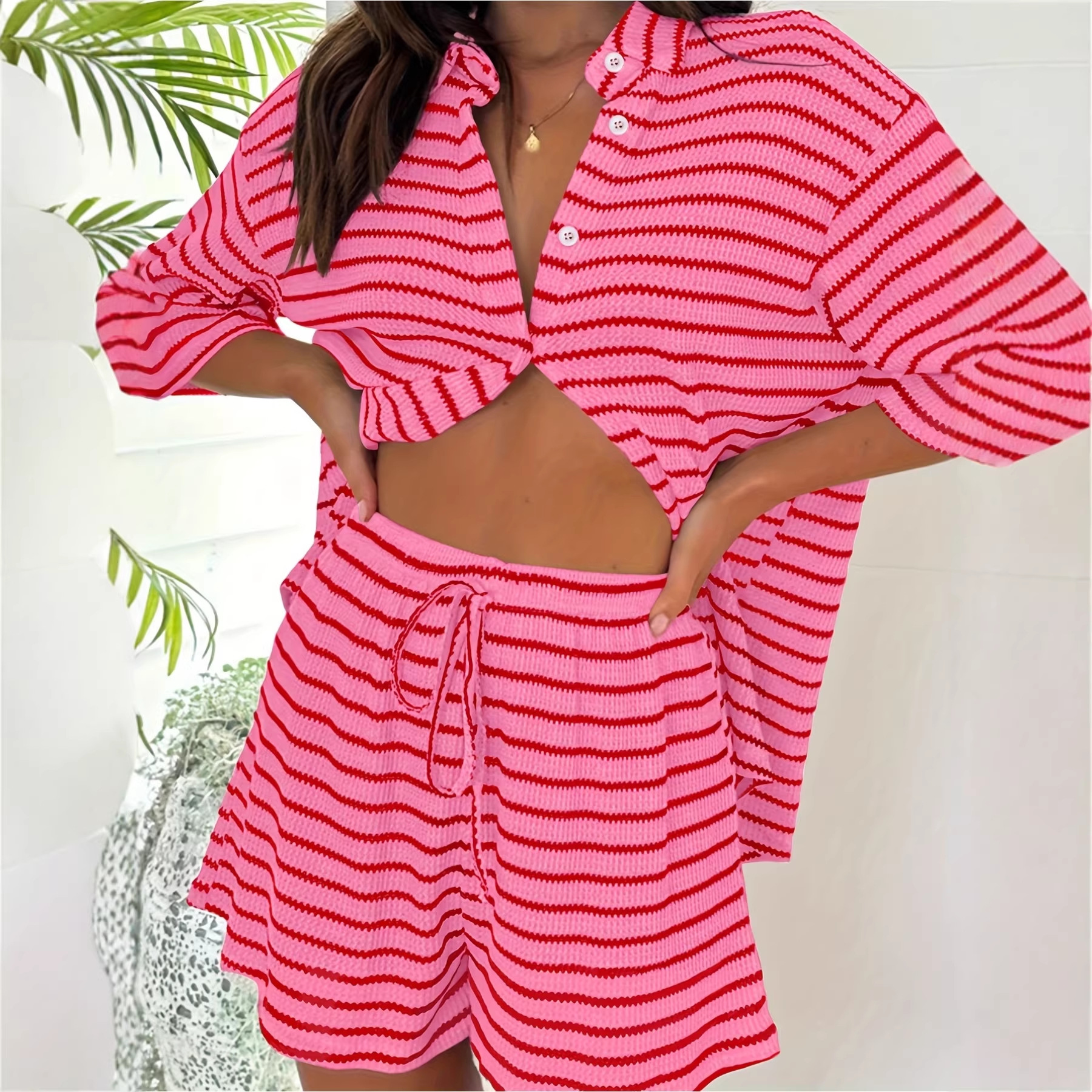 Cross-Border European and American Casual Two-Piece Set Amazon Cross-Border Five-Quarter Sleeve Waffle Striped Shirt Top and Shorts Set