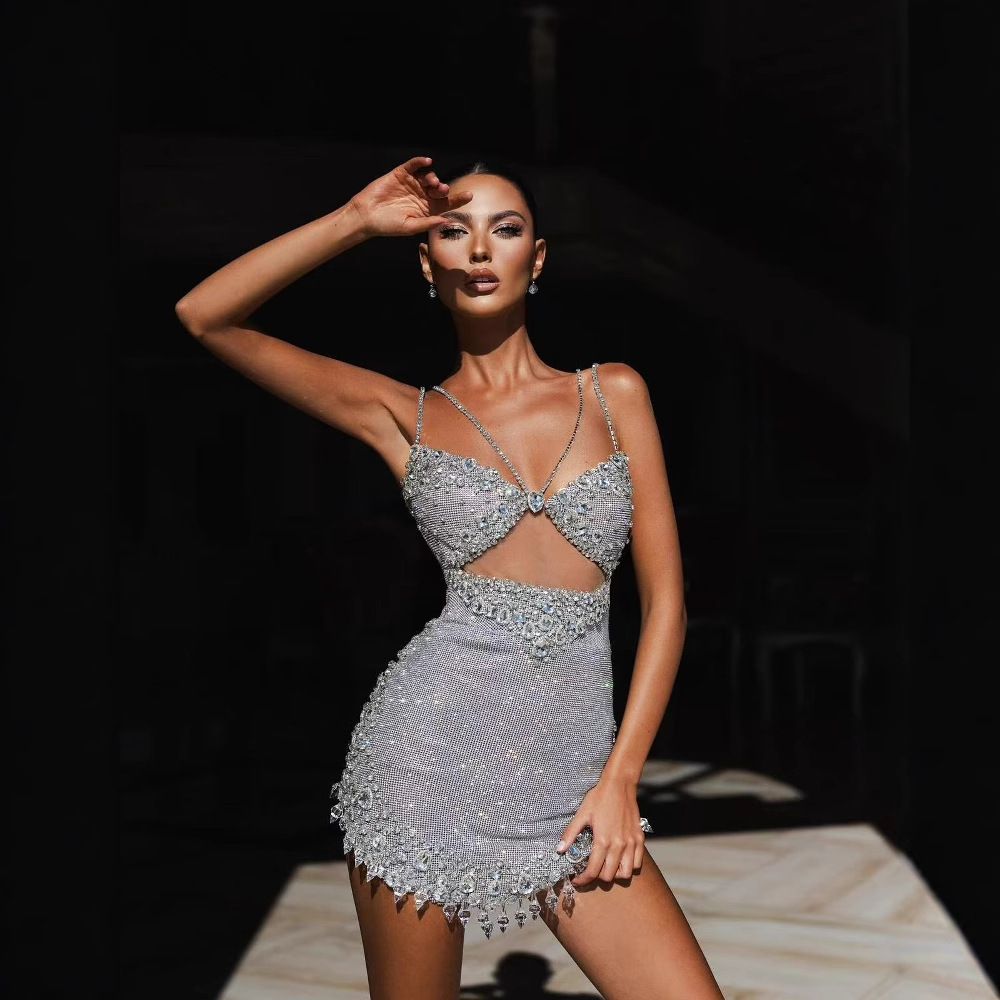Amazon's New Fashionable Backless Suspender Slim Mesh Diamond-Encrusted Casual Mini Hip-Hugging Dress for Women