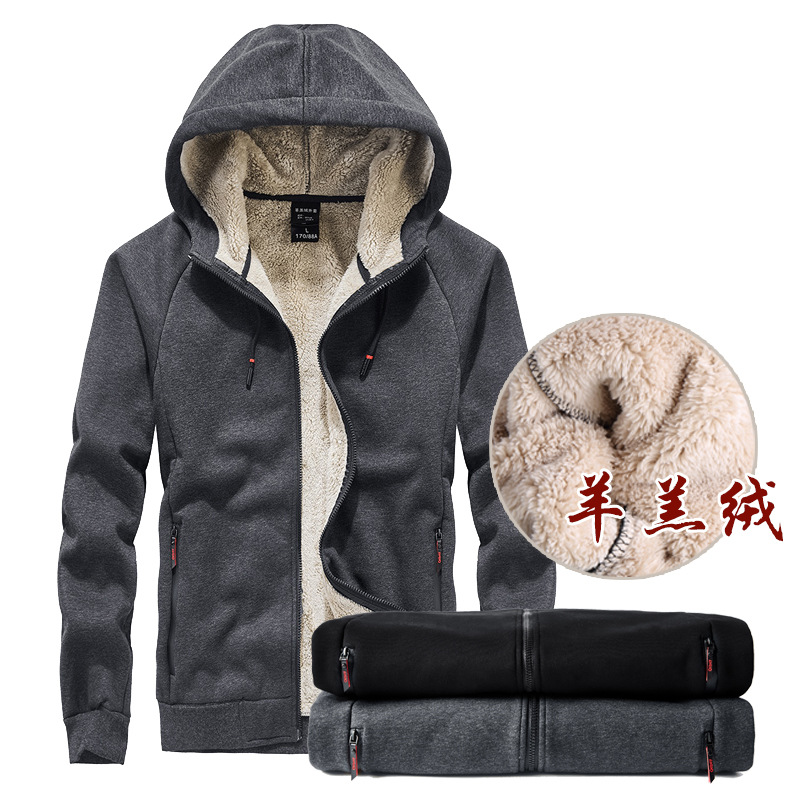 Fleece-lined thickened sweater men's lambswool autumn and winter sports casual hooded cardigan top loose plus size warm coat