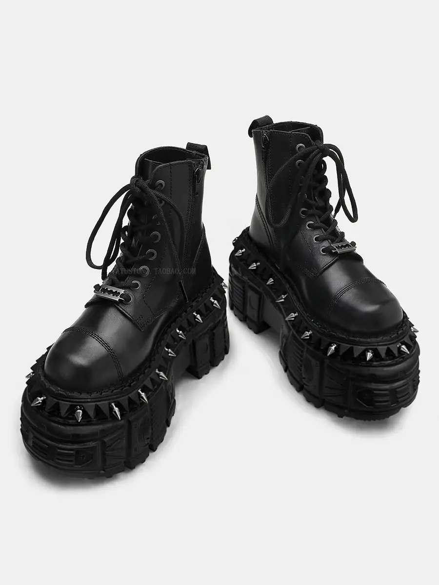 [Cowhide Version] Thick Sole Boots Super High Heels Shoelace Knight Boots Men's and Women's Dark Punk Metal Platform Shoes Short Boots