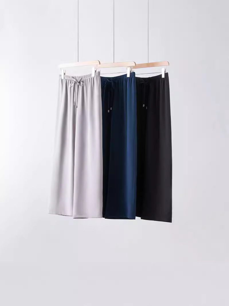 2025 Spring and Autumn New Heavy Weight Silk Wide Leg Pants Loose Straight-Leg Mulberry Silk Casual Pants Women's Lazy Style Drawstring