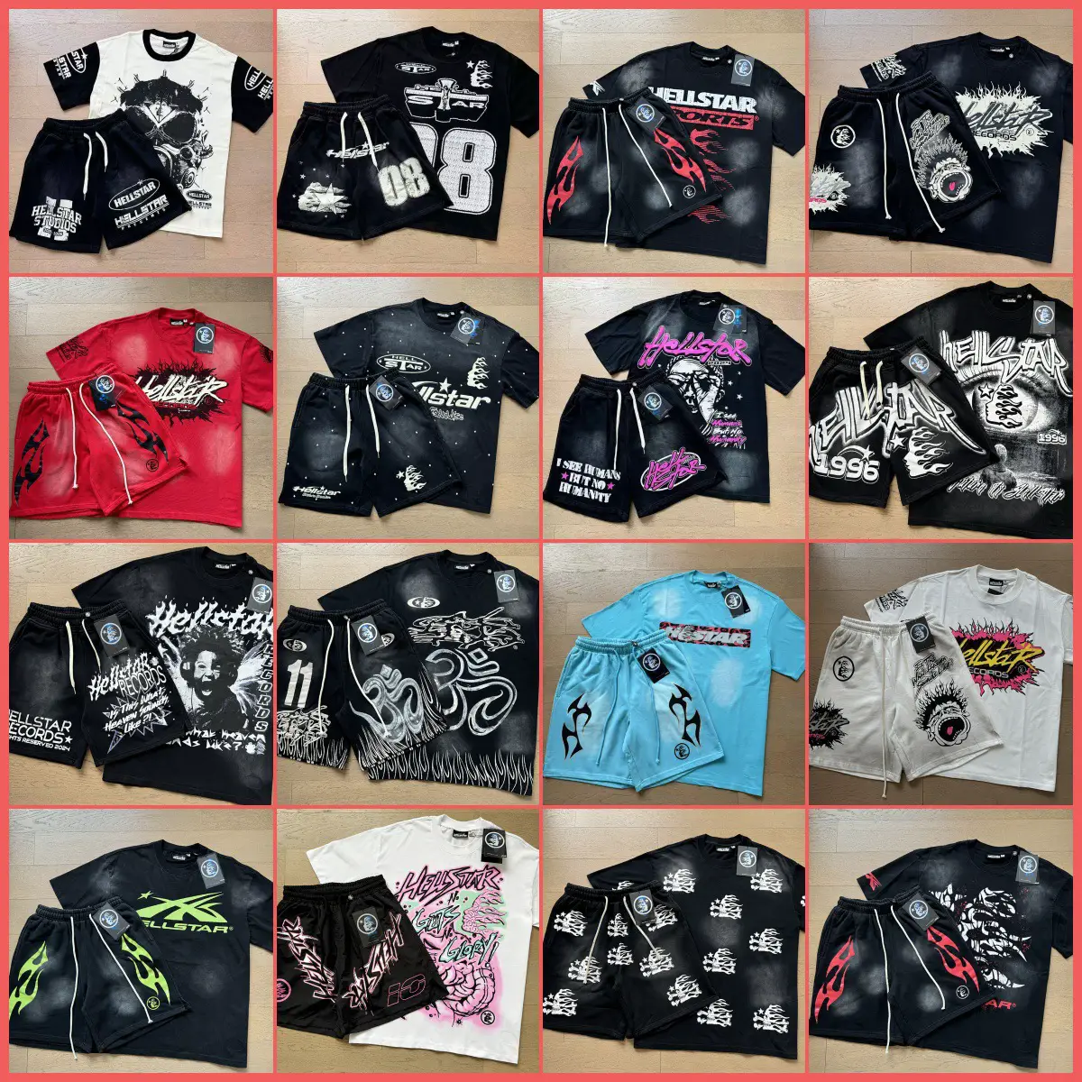 Foreign Trade Wholesale Hellstar Hell Star Retro Printed Summer Loose Short-Sleeved T-Shirts for Men and Women Casual Shorts