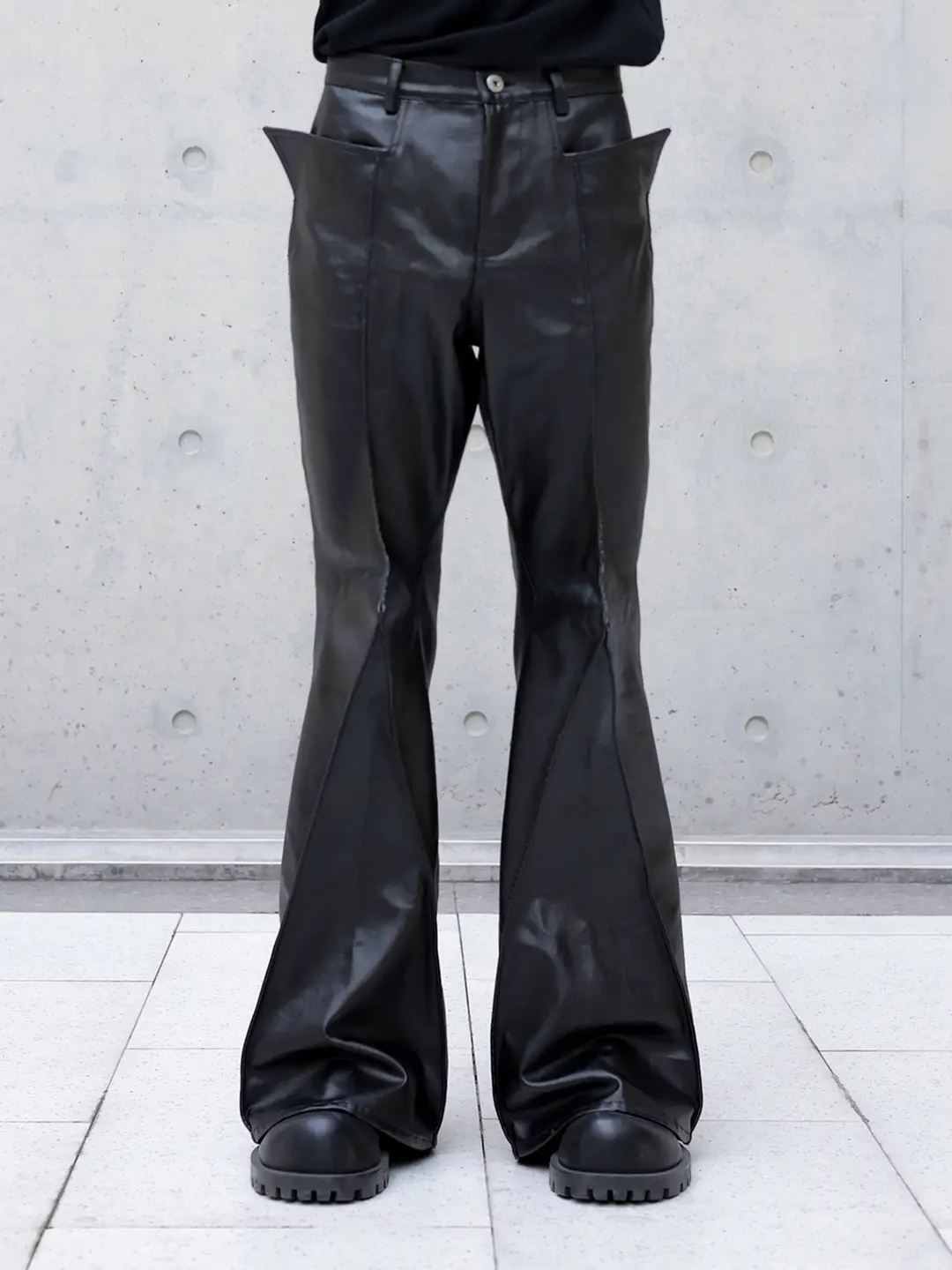 Chrysomallon Trendy Stereo Cut Spiked Coated Wax Denim Casual Flared Pants Opium