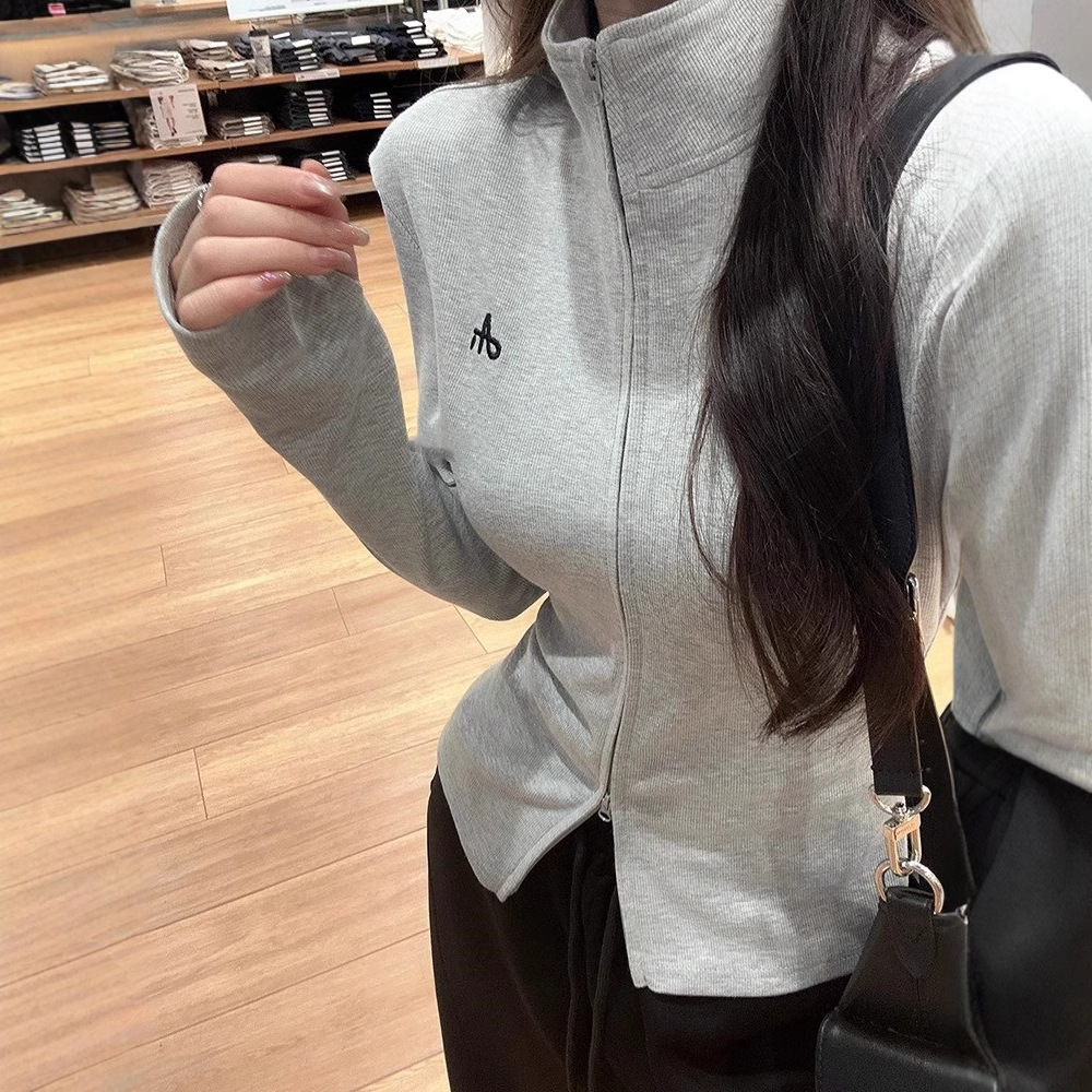 [rayon] stand collar embroidery double zipper long sleeve sweater women early autumn new Korean slim fit slim niche trend