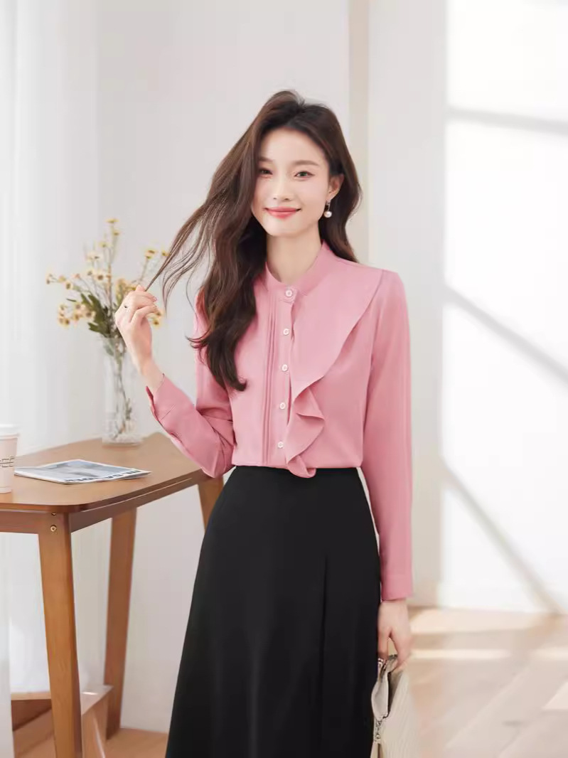 Long sleeve shirt 2024 New Spring Design ruffled stand collar top fashionable western style professional shirt for women