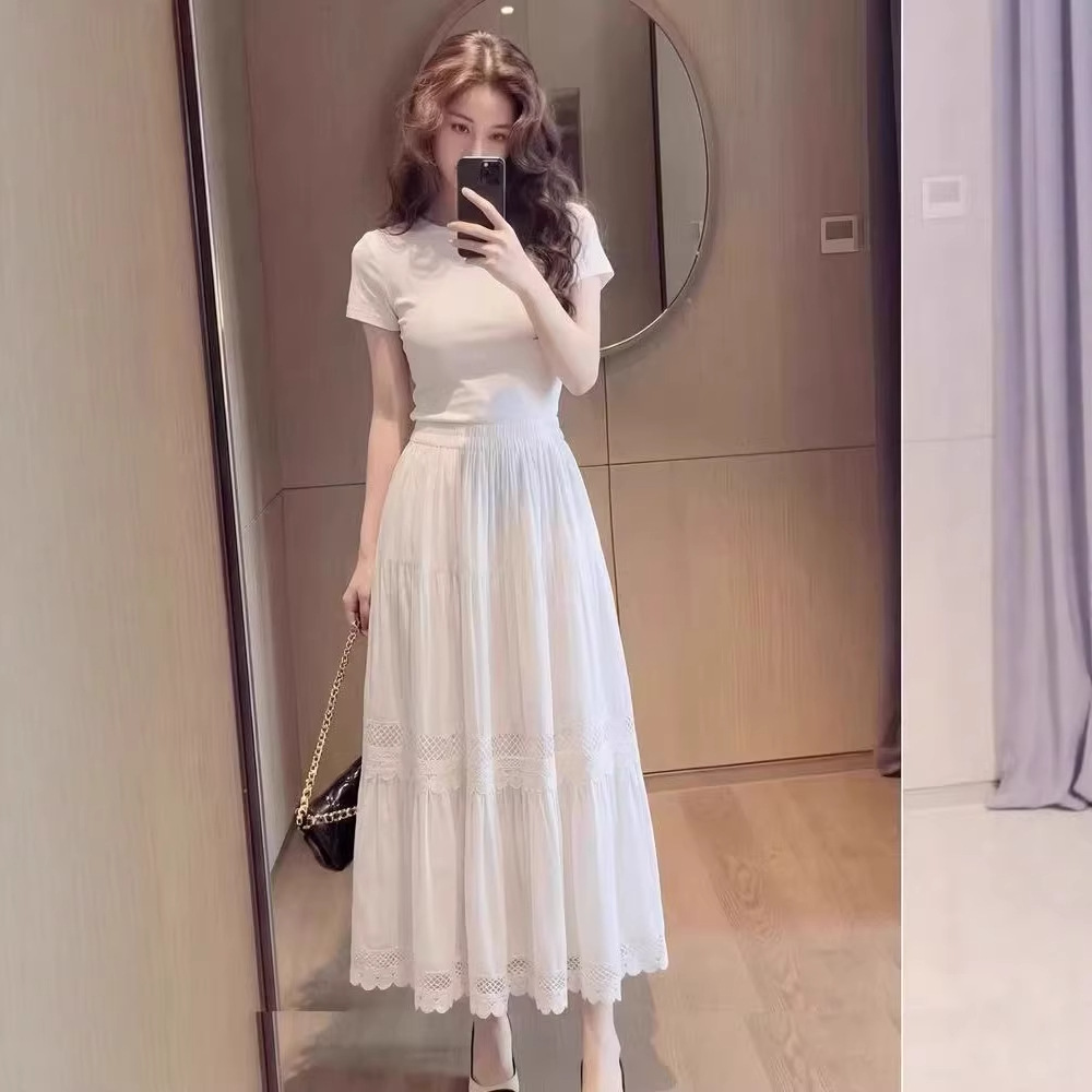 French-Style Sweet Lace Patchwork Hollow-Out Cake Skirt, Spring and Summer Elastic High-Waisted A-Line Pleated Slimming Flared Skirt