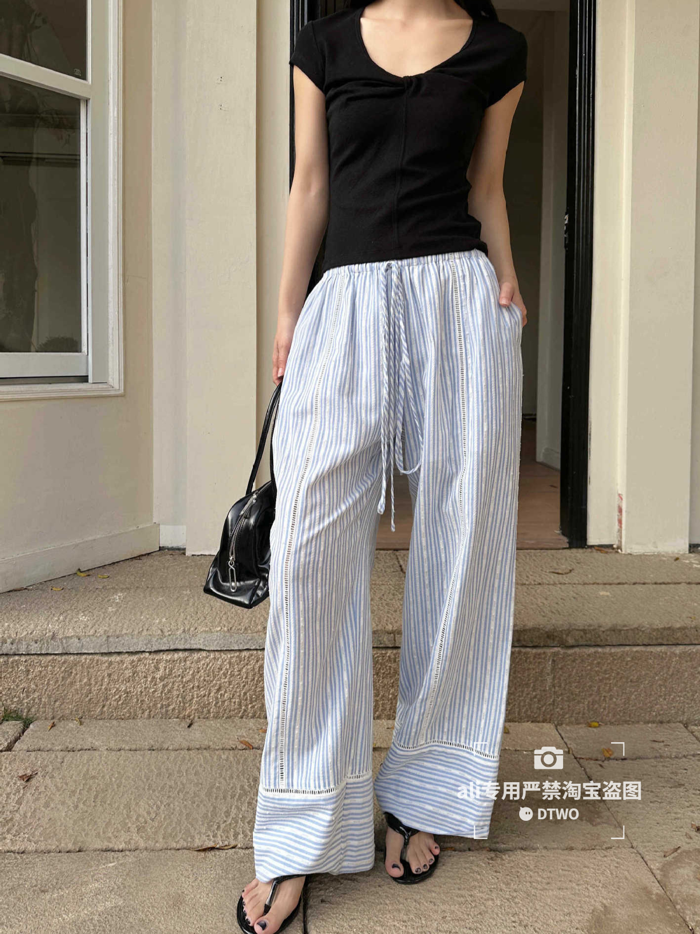 Dtwo Spring/Summer New Collection Thirteen Lines Original Design Niche Women's Fashion Striped Casual Wide-Leg Pants 6105023