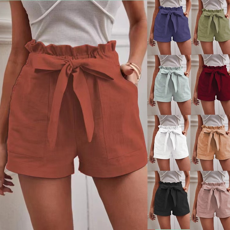 European and American Cross-border New Summer Bow Tie Women's Loose Casual Shorts Pocket Solid Color Large Size High Waist Wide Leg Pants